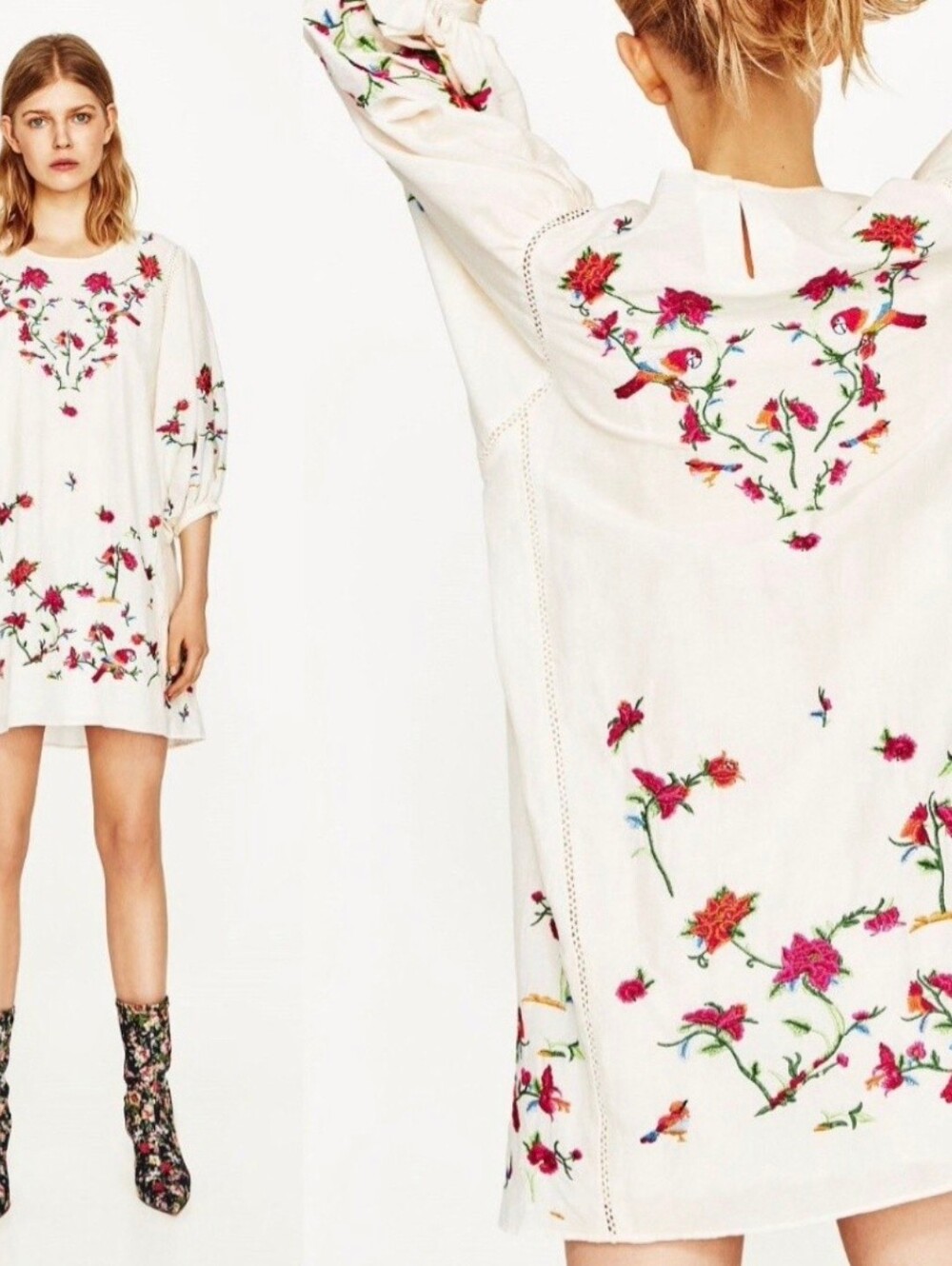 Zara Cream Long-Sleeve Embroidered Boho Dress